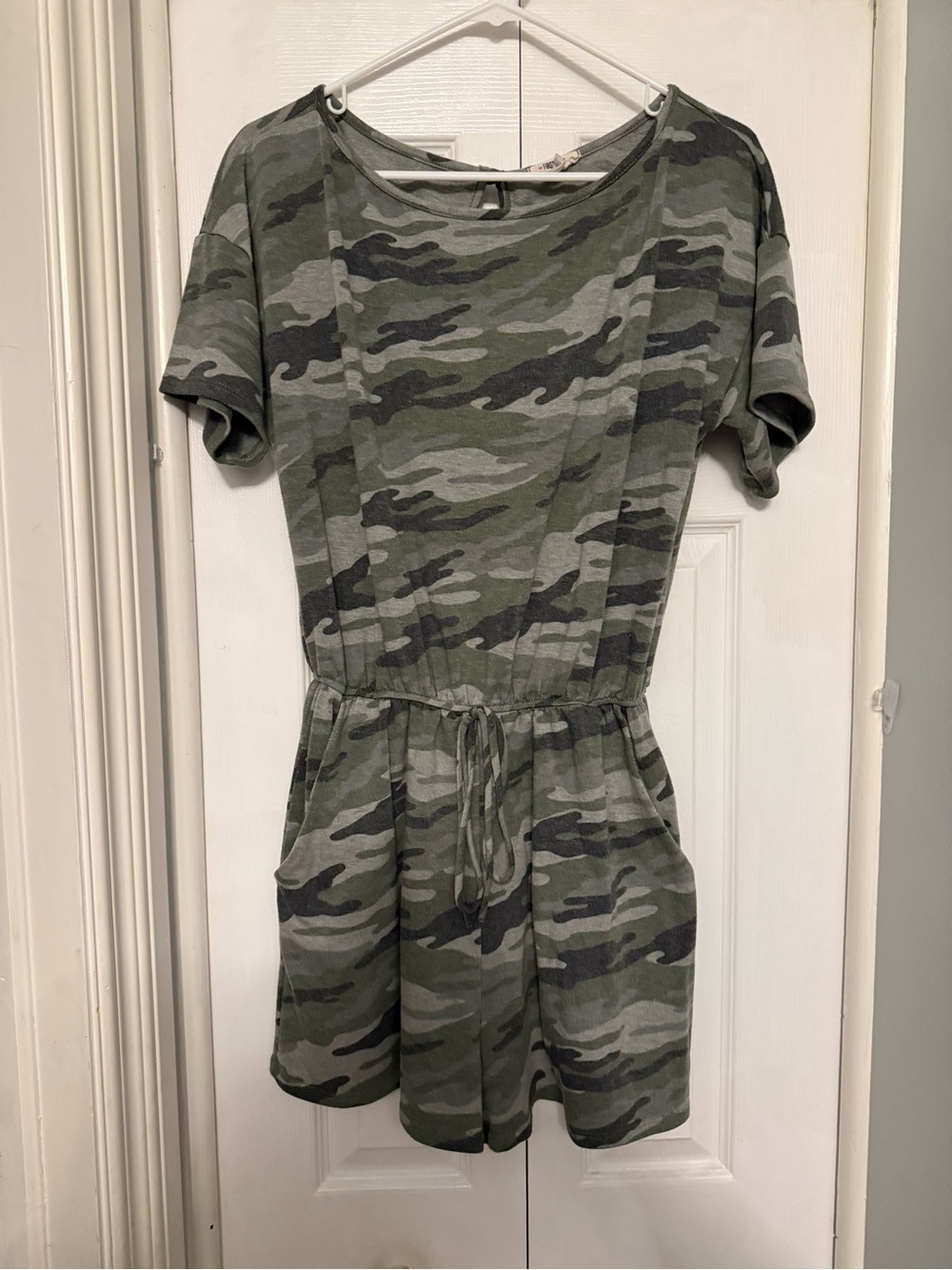 First Love Camouflage Short Sleeve Drawstring Romper in Green and Gray
